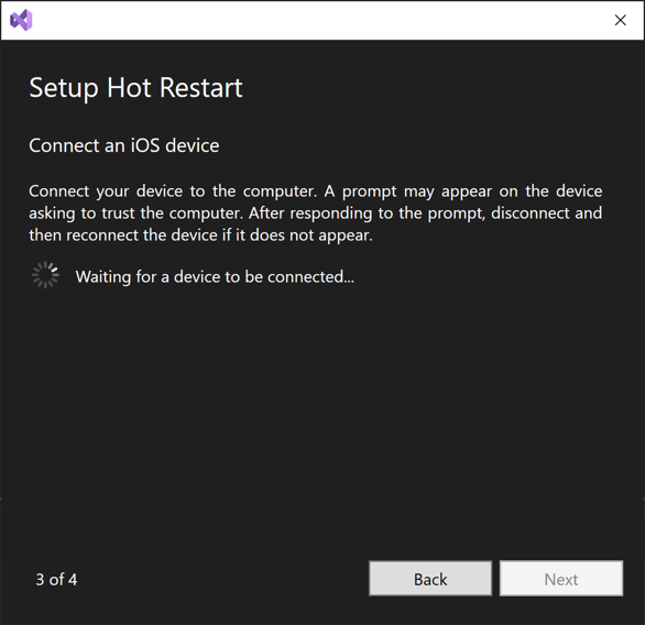 Screenshot of the initial third step in the setup hot restart wizard.