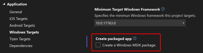 Screenshot of Create a Windows MSIX package unchecked in Visual Studio.