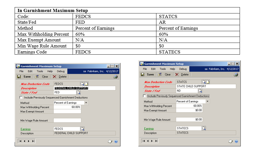 Screenshot showing the garnishment maximum setup and the garnishment setup windows.