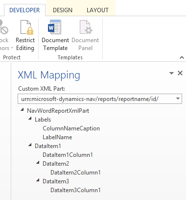 Clip of the XML Mapping pane in Word.