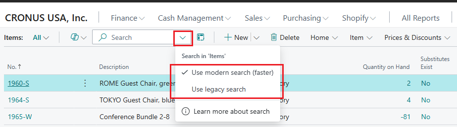 Screenshot that shows the Use modern search and Use legacy search options on the dropdown menu for a search field.