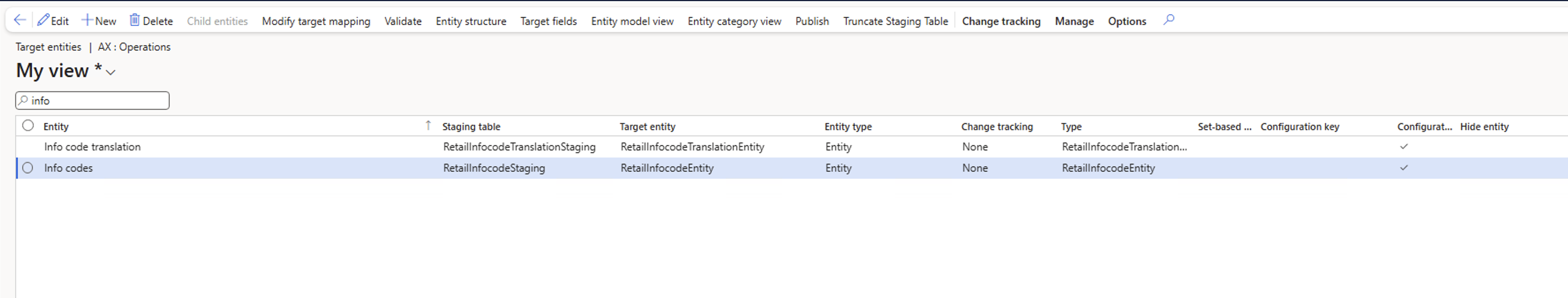 Screenshot with and example of adding the RetailInfocodeTranslationEntity and RetailInfocodeEntity entities.