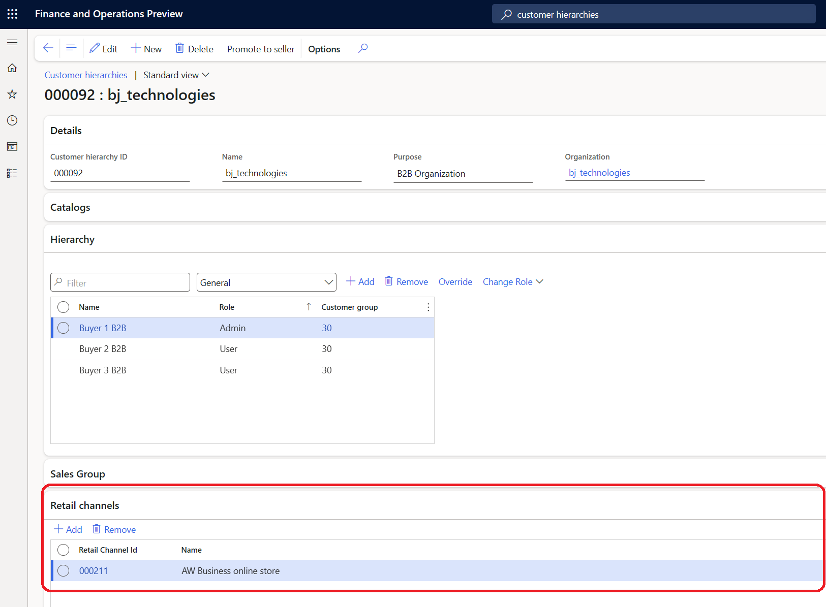 Customer hierarchy of a business partner in headquarters with the associated retail channel highlighted