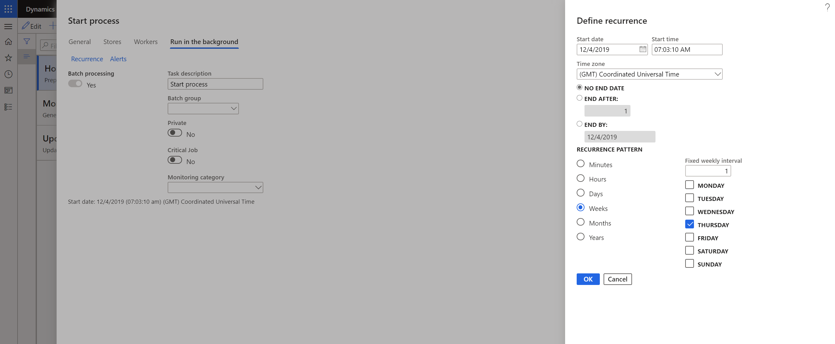 Entering frequency criteria in the Define recurrence dialog box.