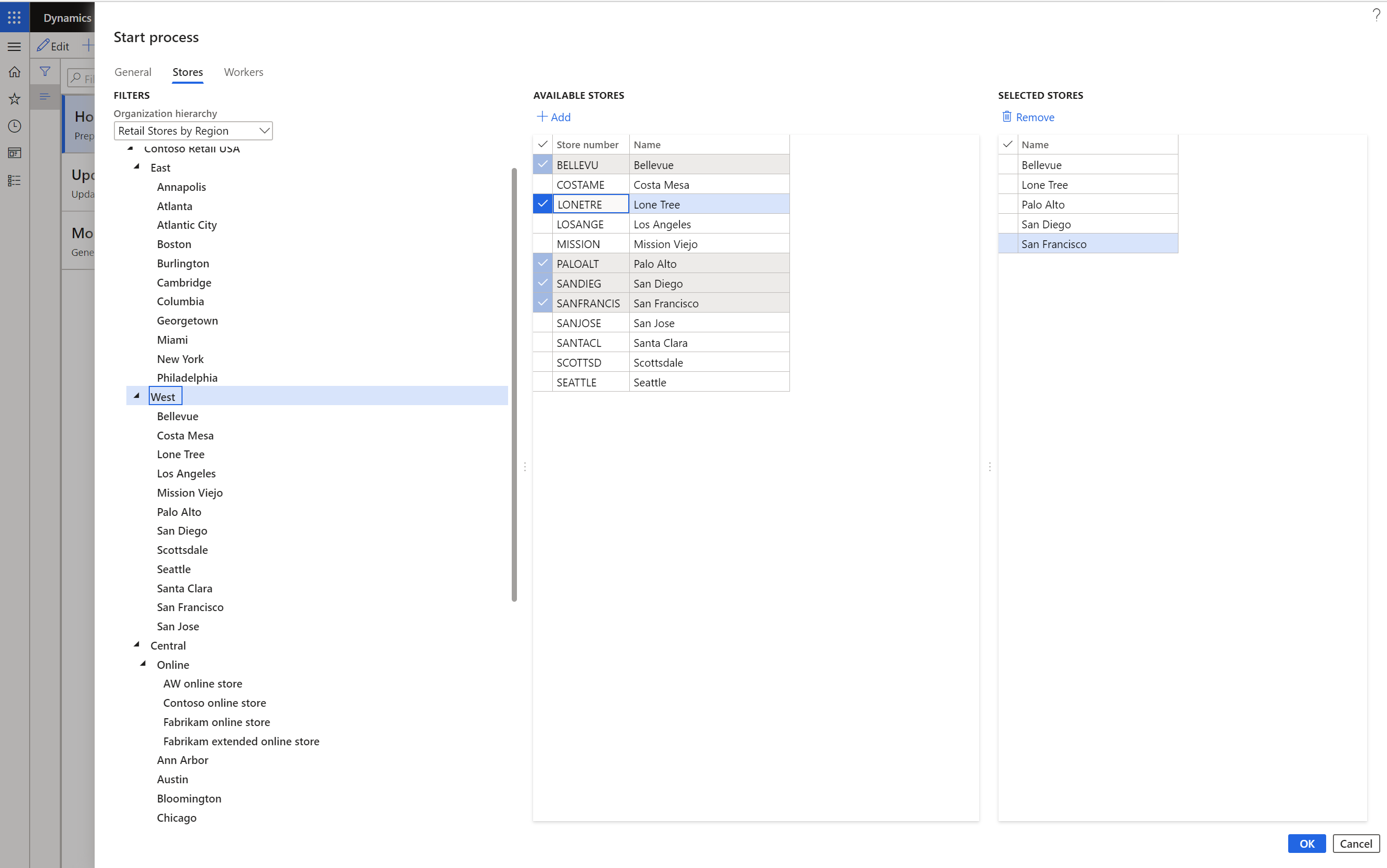 Finding and selecting stores in the Start process dialog box.