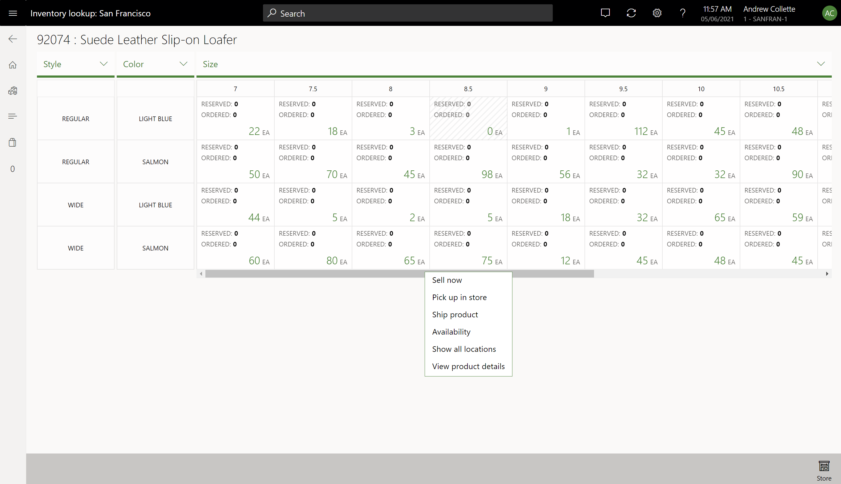 Inventory lookup operation matrix view.