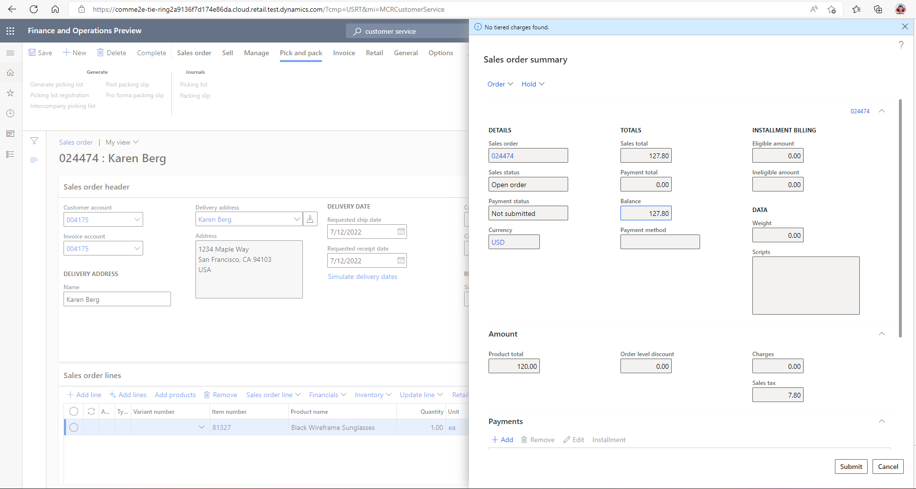 Sales order summary dialog box.