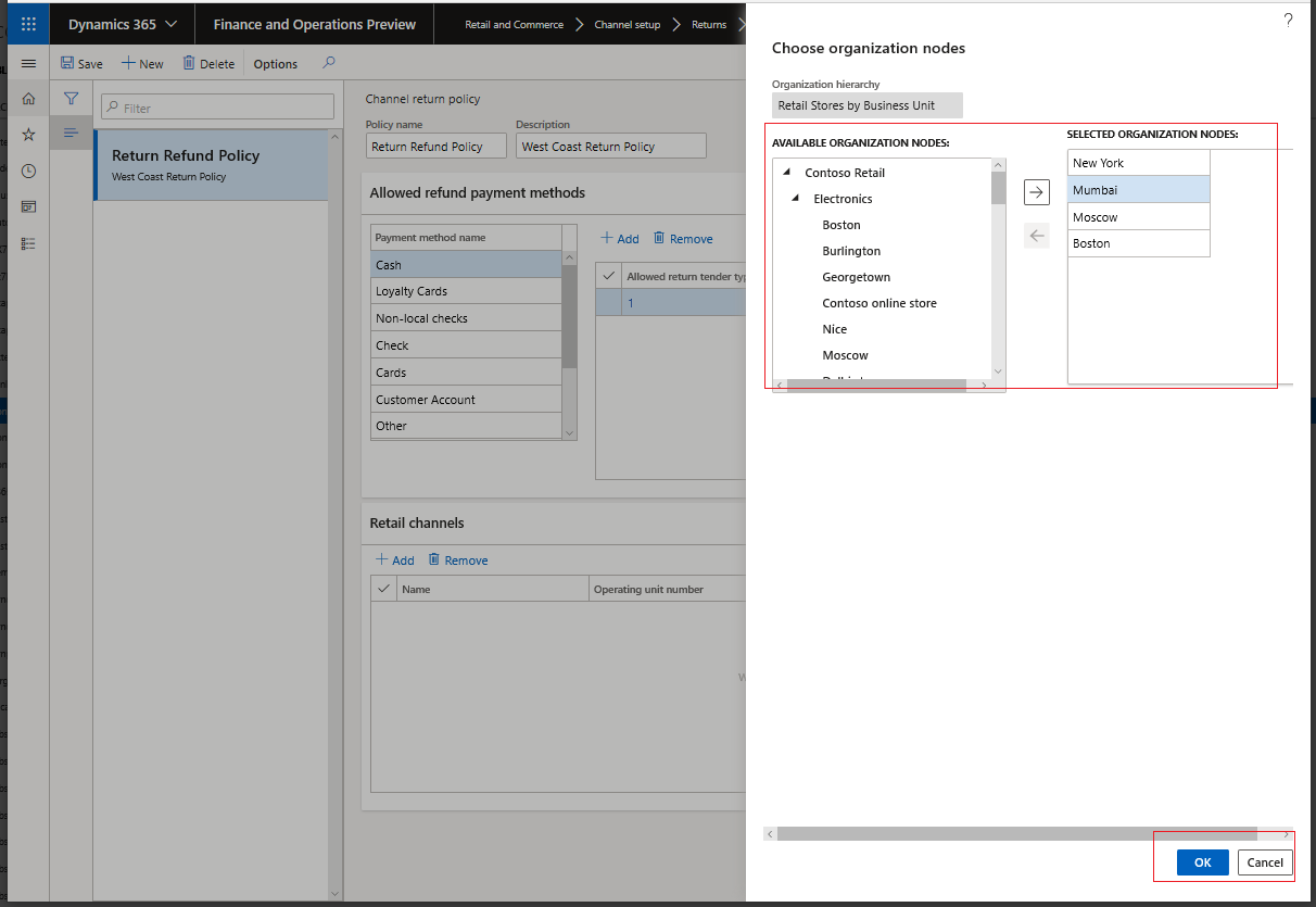 Choose organization nodes dialog box.