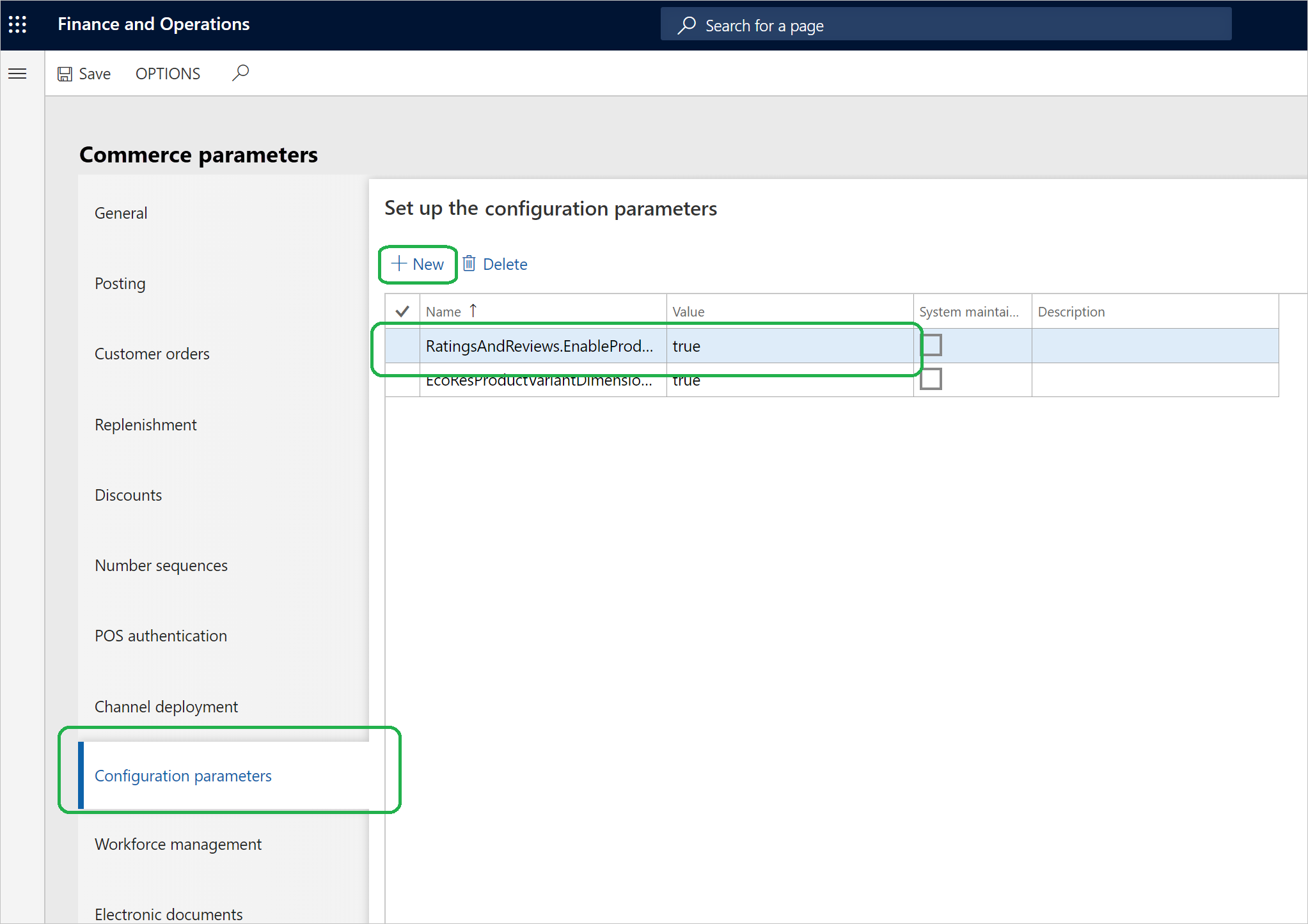 Configuration of Commerce parameters for product ratings at the POS.