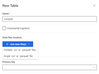 Dialog box to create a new table with Data files location highlighted.