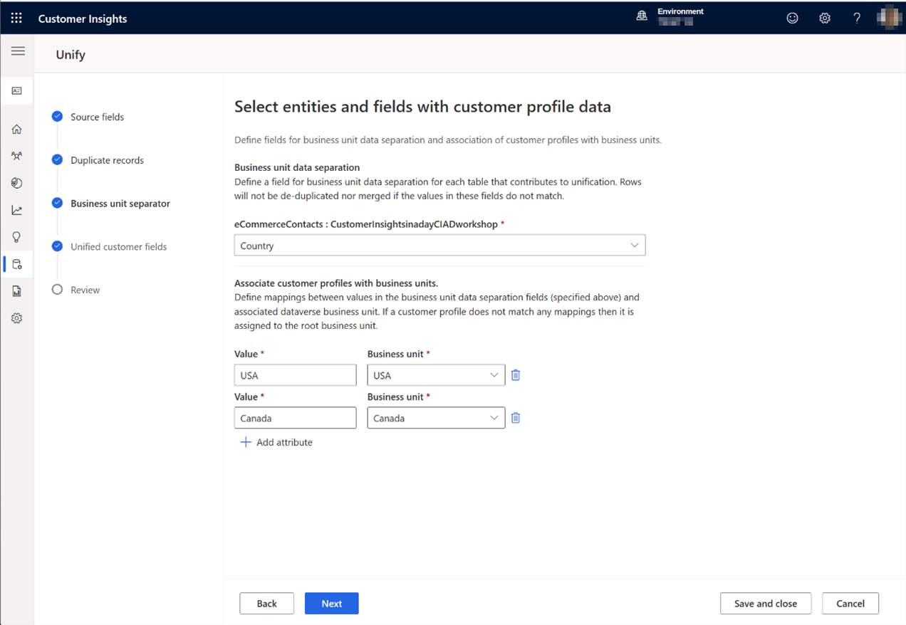 Screenshot of business unit mappings.