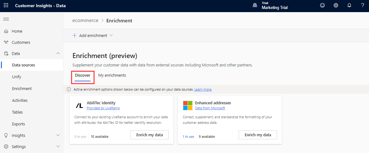 Data sources enrichment page.