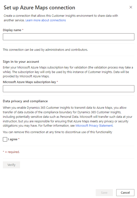 Azure Maps connection configuration page.