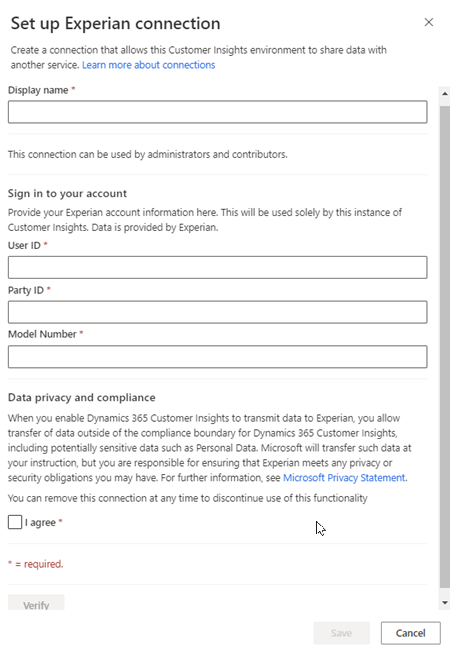 Experian connection configuration pane.