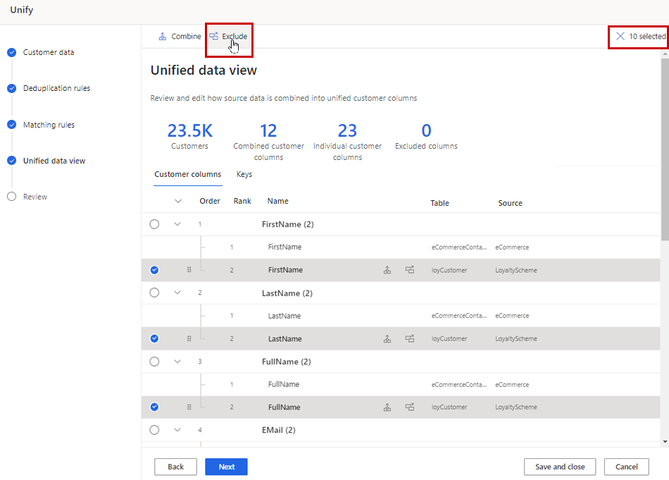Screenshot of Unified fields with all fields for a table selected and Exclude button