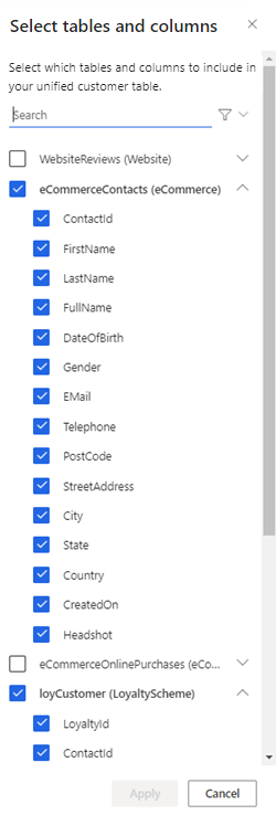 Screenshot of selected tables and columns.