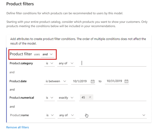 Sample configuration of product filters combined with logical AND connectors.