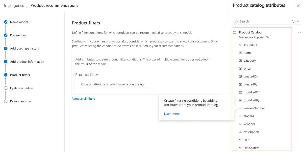 Side pane showing attributed in the product catalog table to select for product filters.