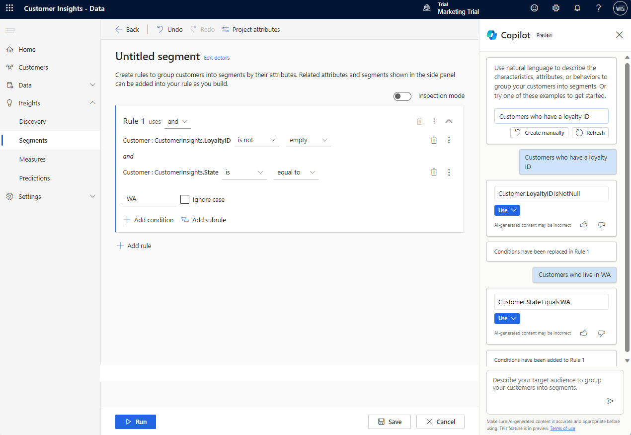 Screenshot of a segment rule created by Copilot in Customer Insights - Data.