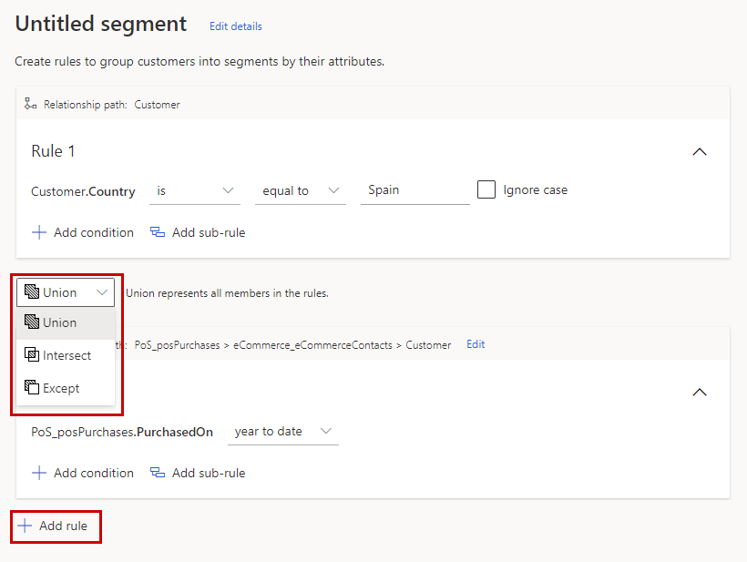 Add a new rule to a segment and choose the set operator.