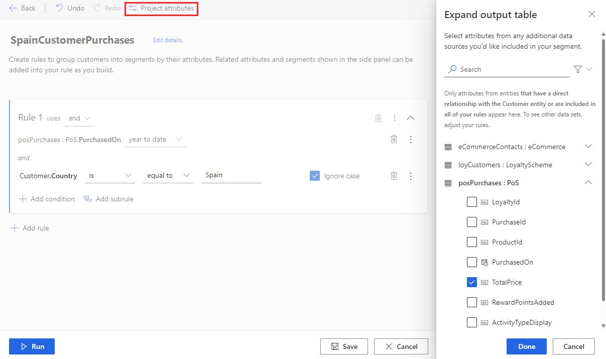 Example of projected attributes selected in the side pane to be added to the output table.