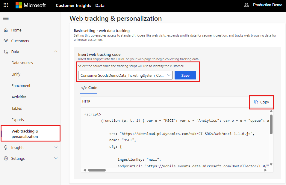 Screenshot of Web tracking & personalization in Customer Insights - Data.