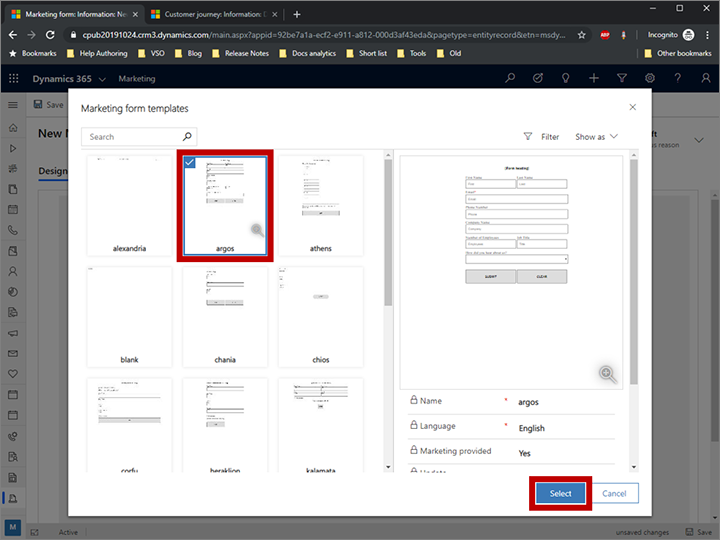 Select a form template dialog.