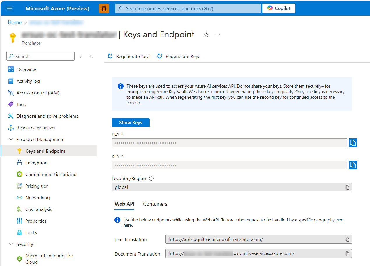 Screenshot of setting the Azure translation services endpoint to global