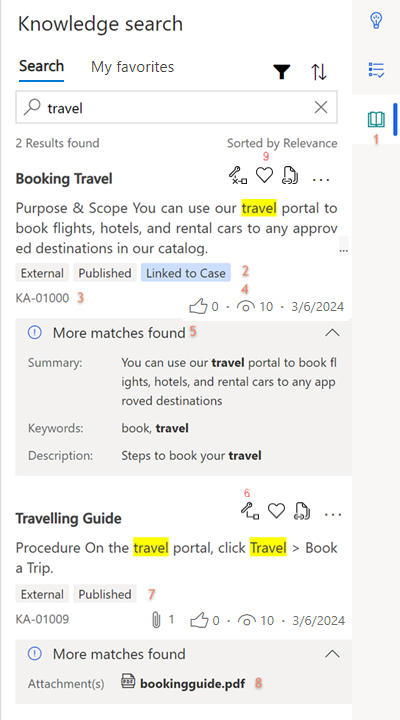 Screenshot of knowledge search in the app side pane.