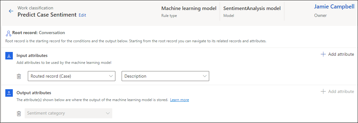 Input attributes for sentiment model.