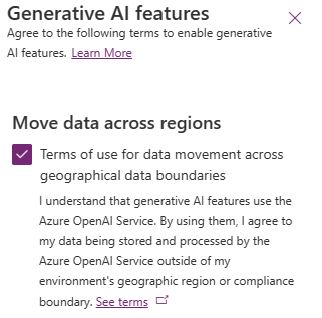 Screenshot of the power platform admin center generative ai features.