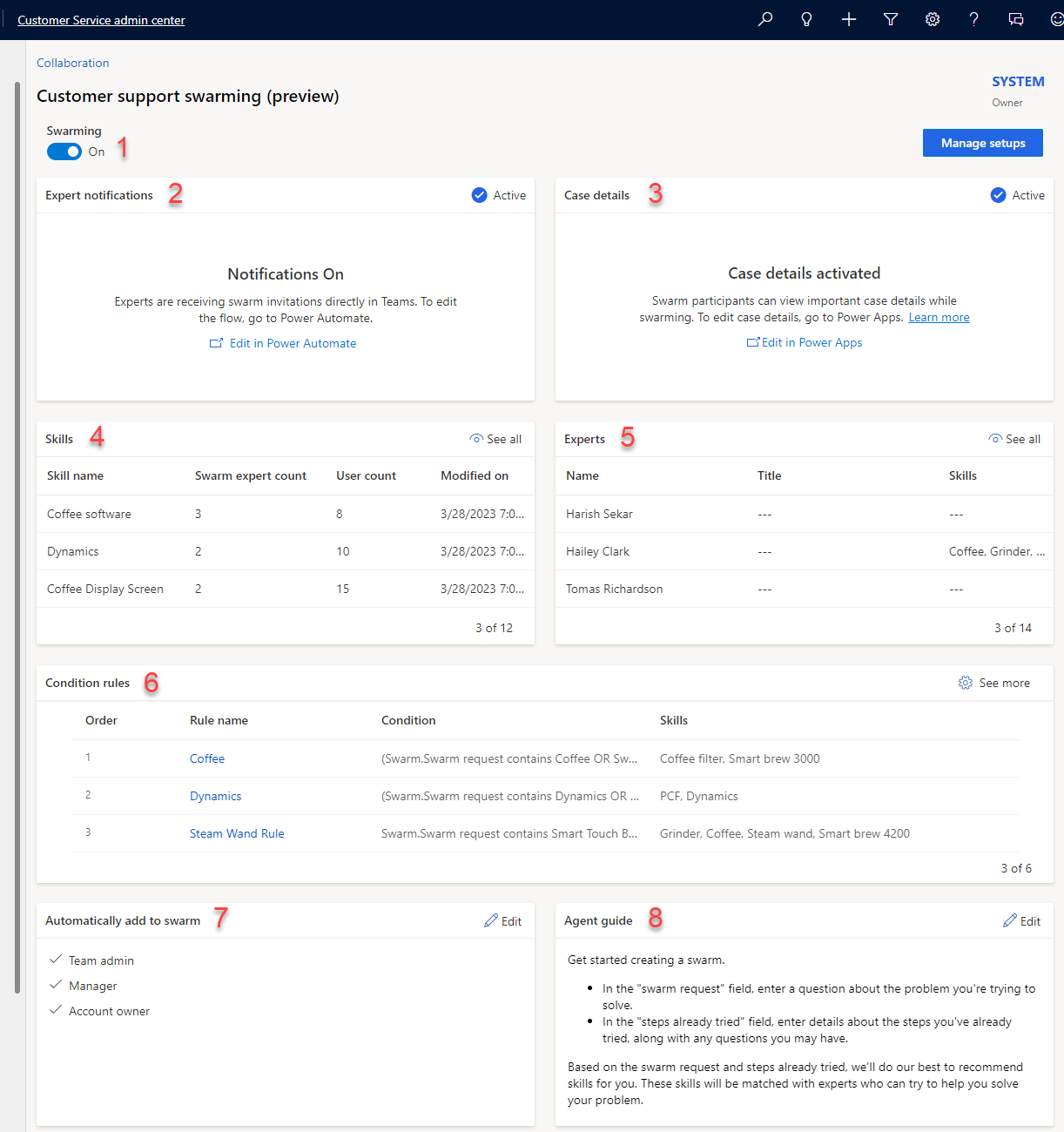 Customer support swarming page in Dynamics 365 Customer Service.