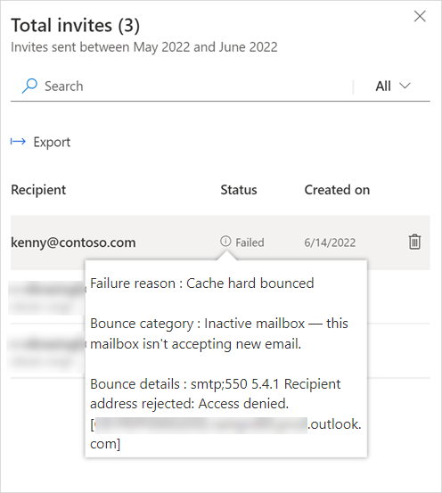 Screenshot of the survey invitations report, showing that an invitation failed because the mailbox is inactive.