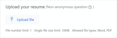 An example File upload question that asks a respondent to upload a resume.
