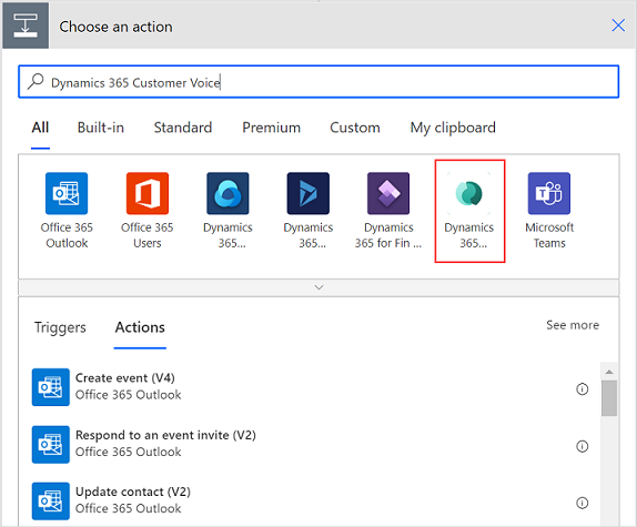 Select the Dynamics 365 Customer Voice connector.