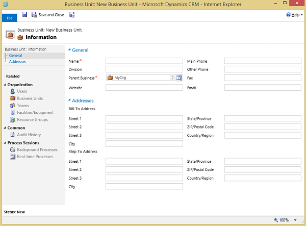 Business Unit dialog box in Dynamics 365 for Customer Engagement.