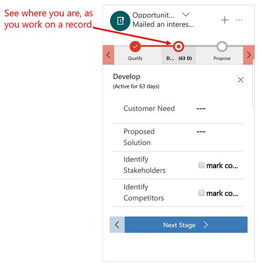 Dynamics 365 for phones and tablets business process flow.