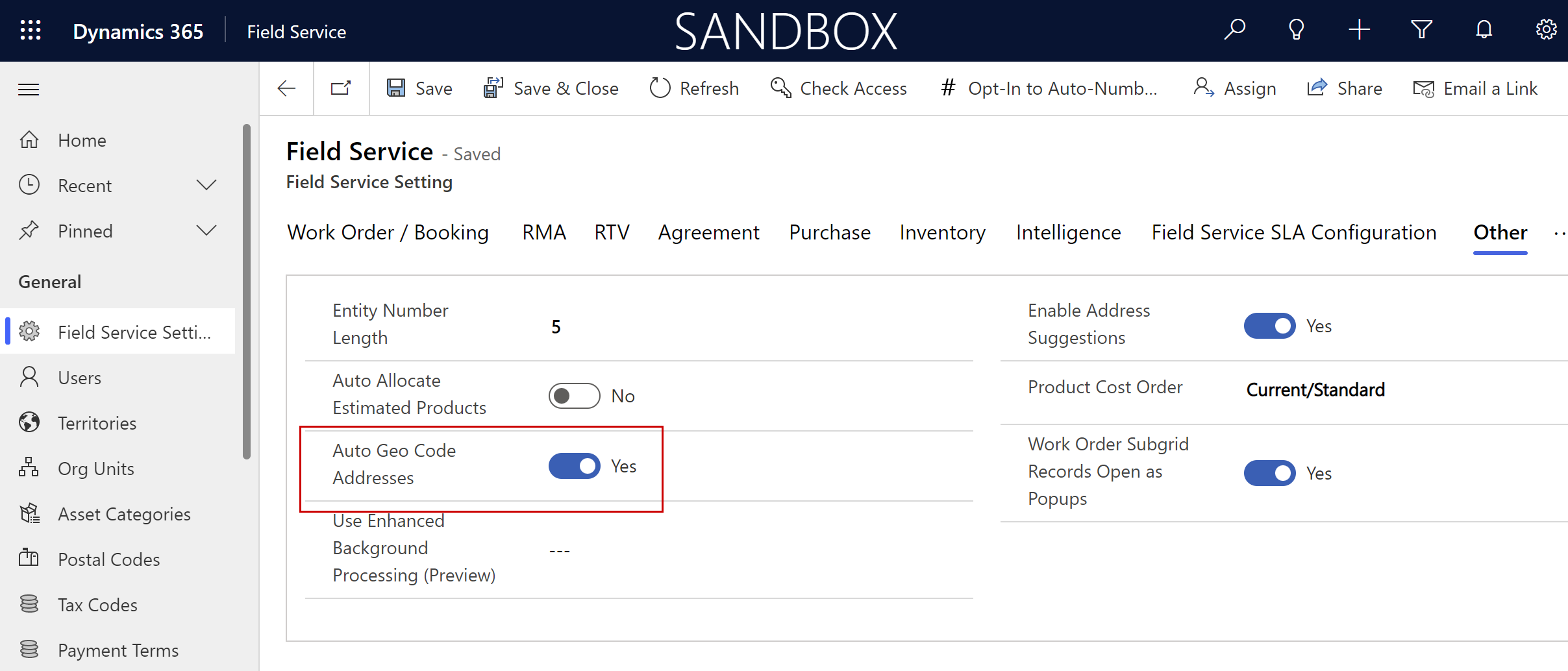 Screenshot of Field Service Settings with Auto Geo Code Addresses setting enabled.