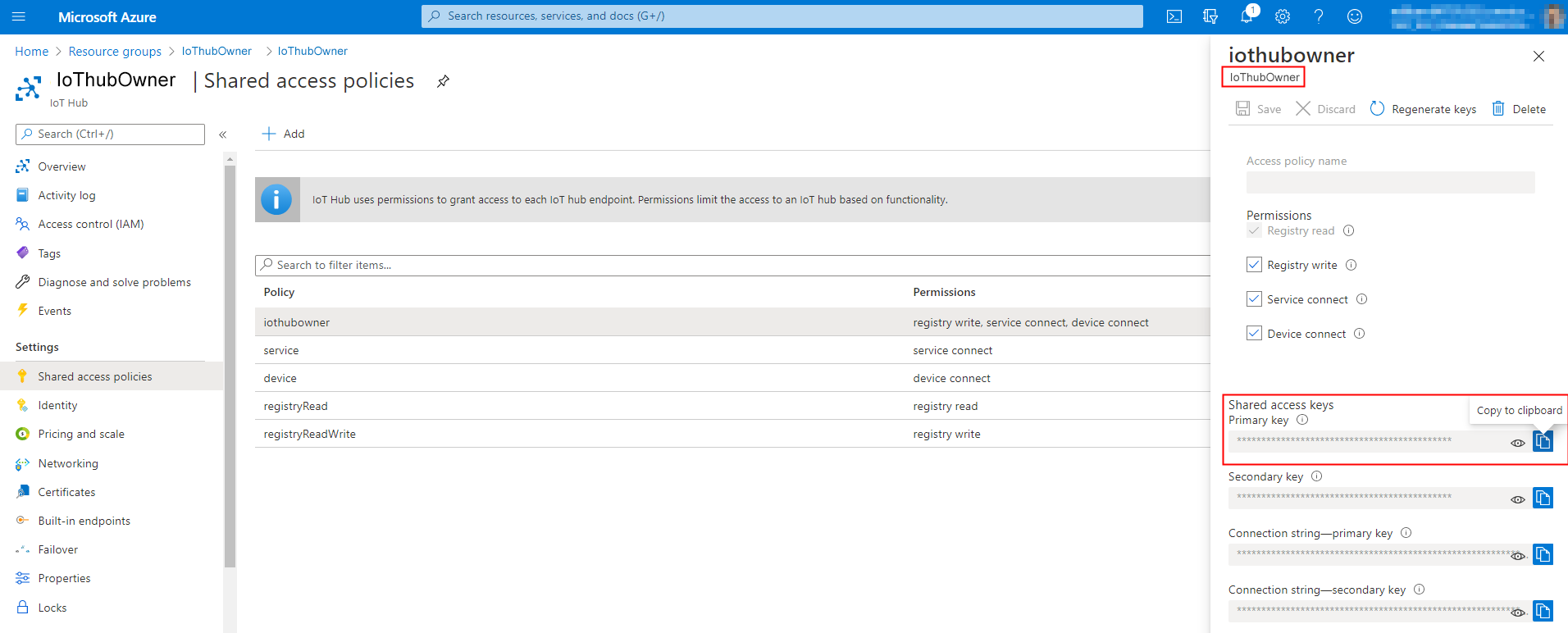 Screenshot of Azure IoT Hub showing the primary key.