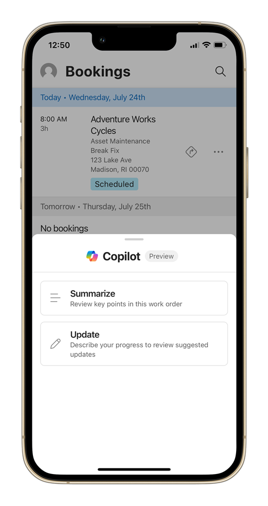 Mobile device showing the Copilot control with options to Summarize and Update work orders.