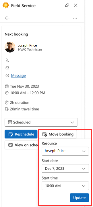 Screenshot of the Field Service pane in Outlook, with the Move booking item highlighted