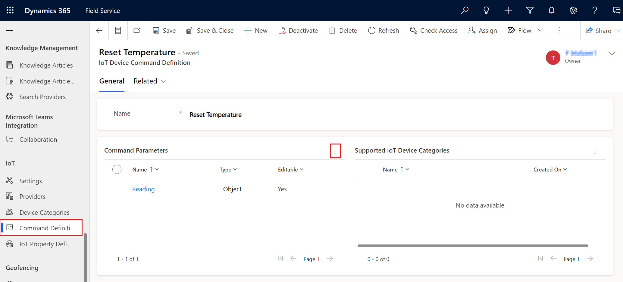 Screenshot of an IoT command definition record.