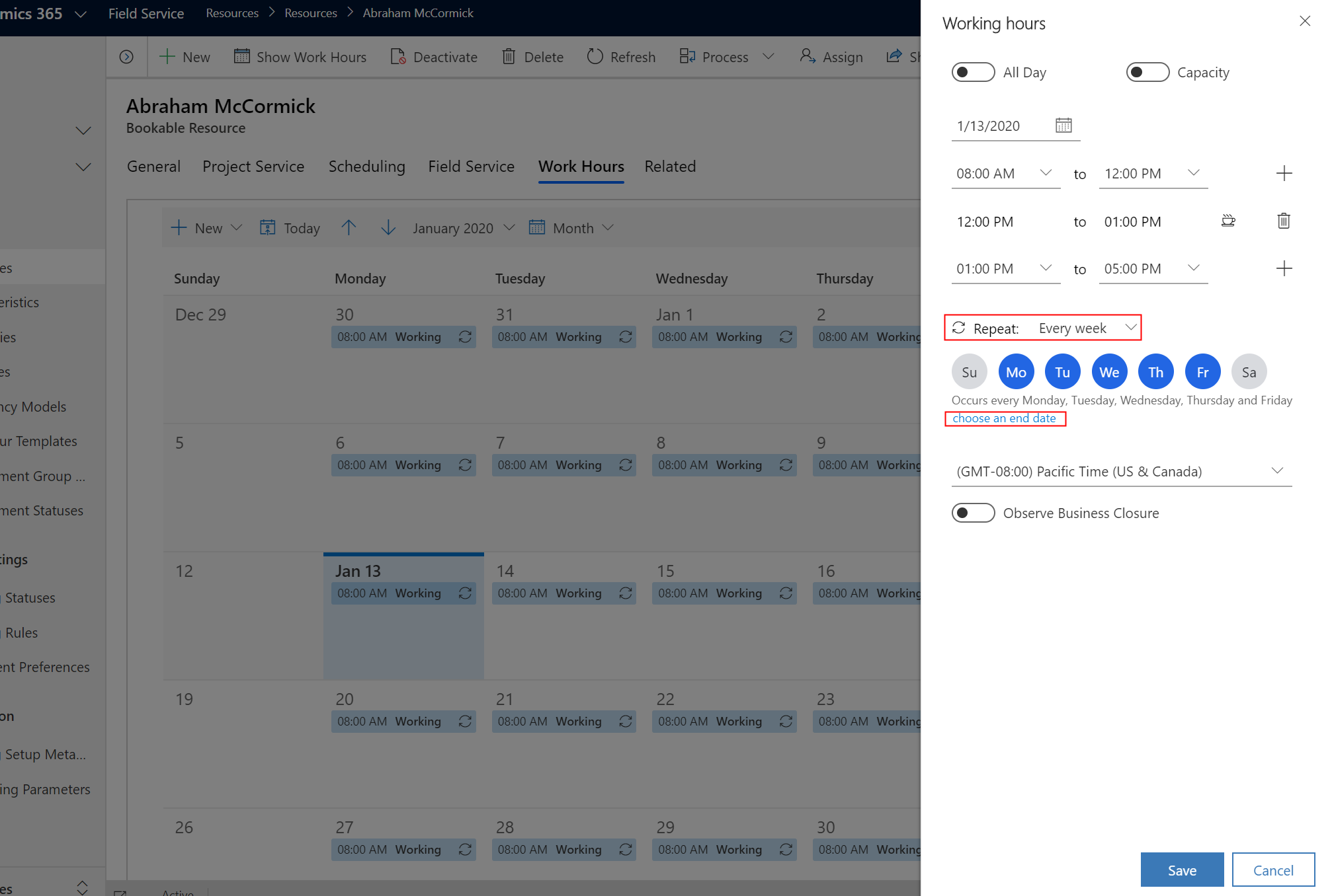 Screenshot of the working hours pane to configure work hours of a resource.