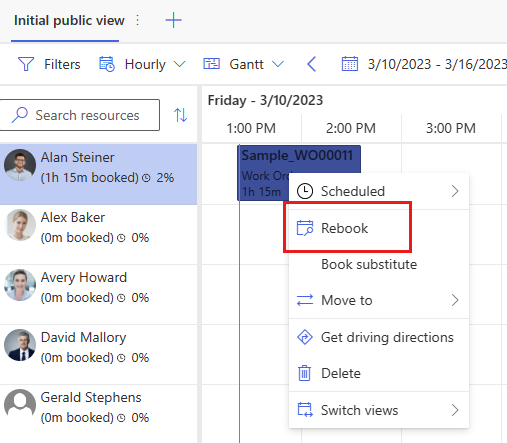 Screenshot of the schedule board, showing the rebook option.