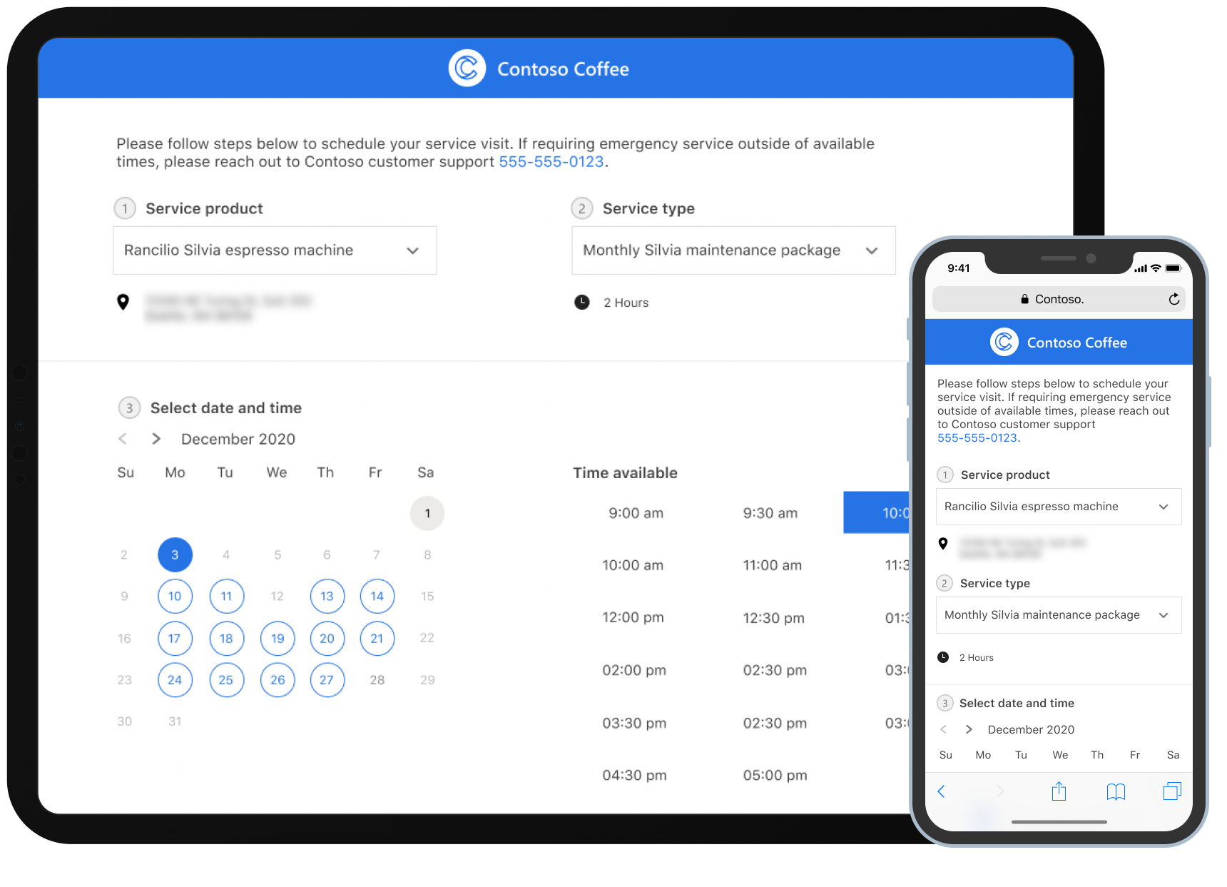 Self-service scheduling functionality on a tablet and mobile device.