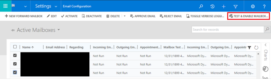 Screenshot of testing mailbox configuration in Power Platform admin center.