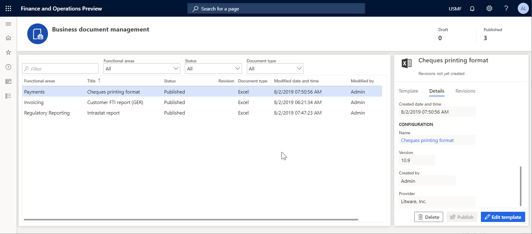 Business document management workspace page, Details tab.