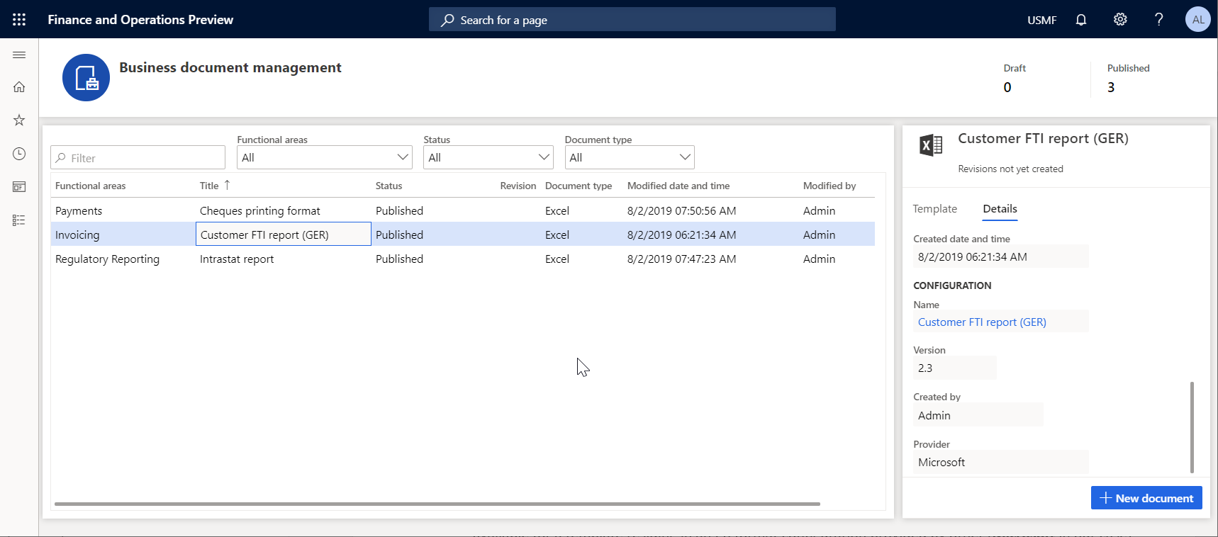 Select a document on the Business document management workspace page.