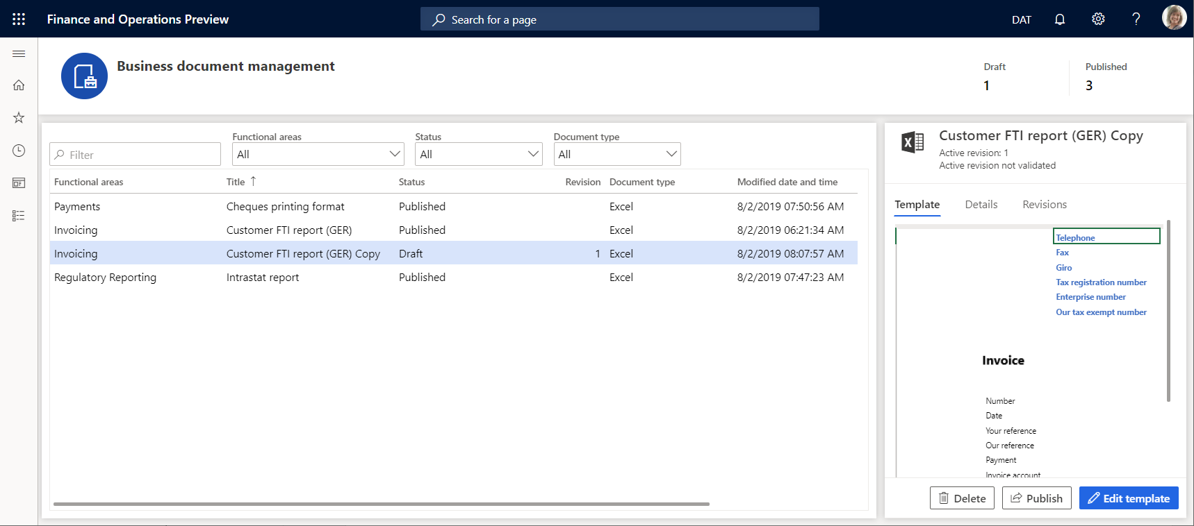 Editing a template on teh Business document management workspace page.