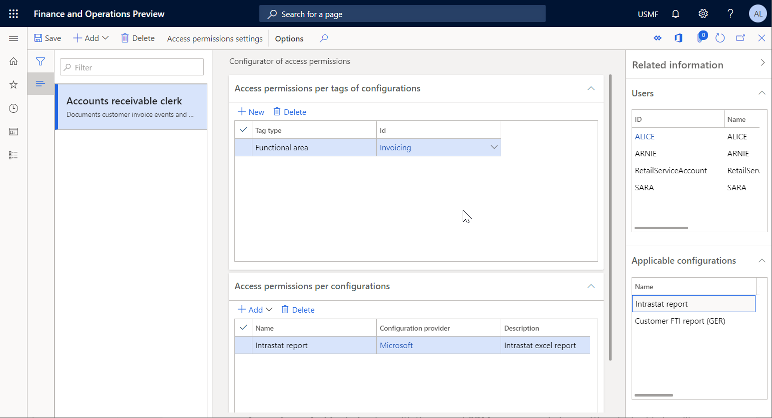 Access permissions FastTabs on the Configurator of access persmissions page.